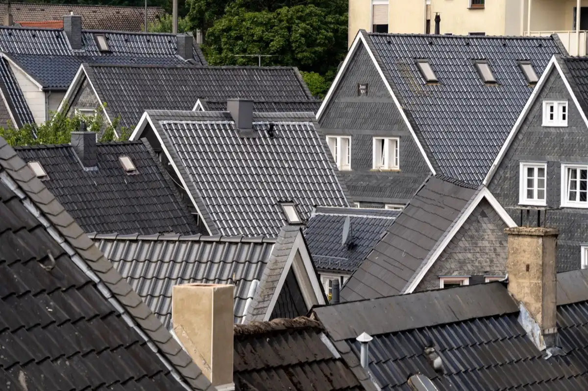 Steep roof eaves and gutter lines on houses in Greenwood, IN